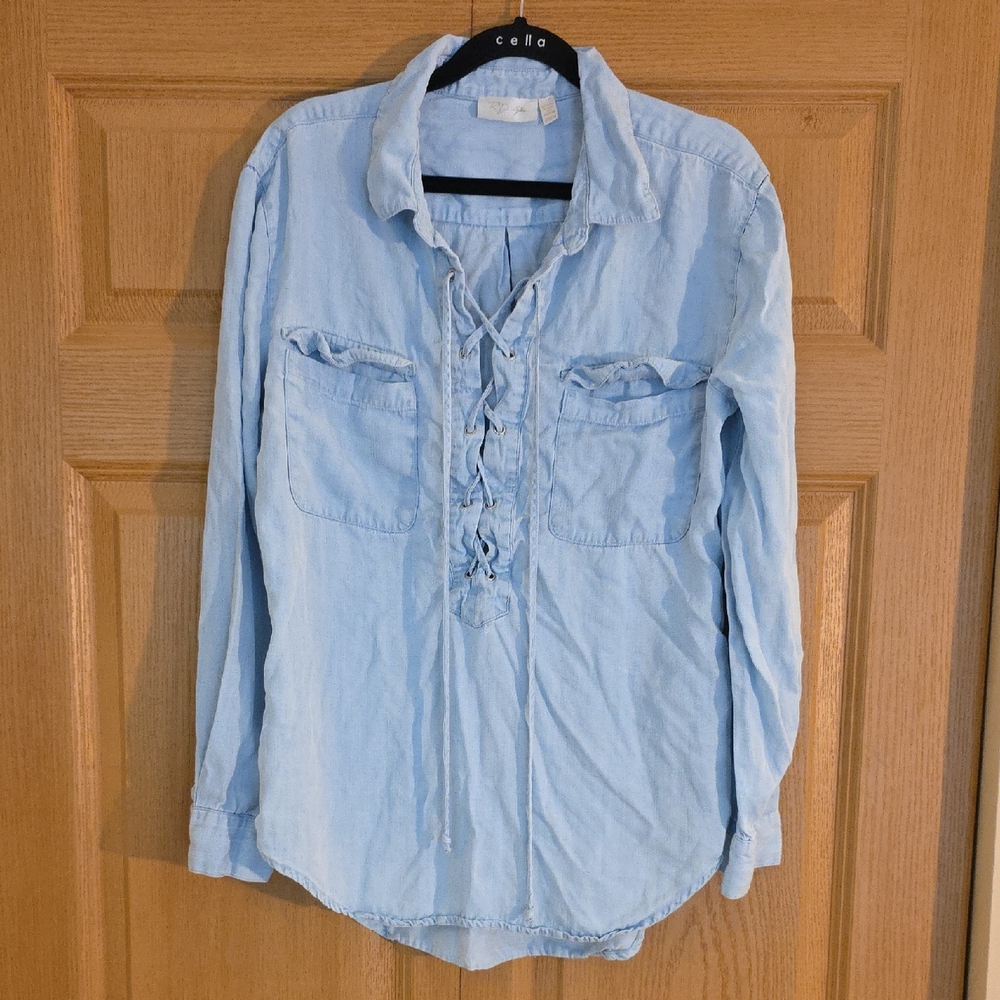 RD Style Chambray Blue Casual Lace‎ Up Top Sz Medium